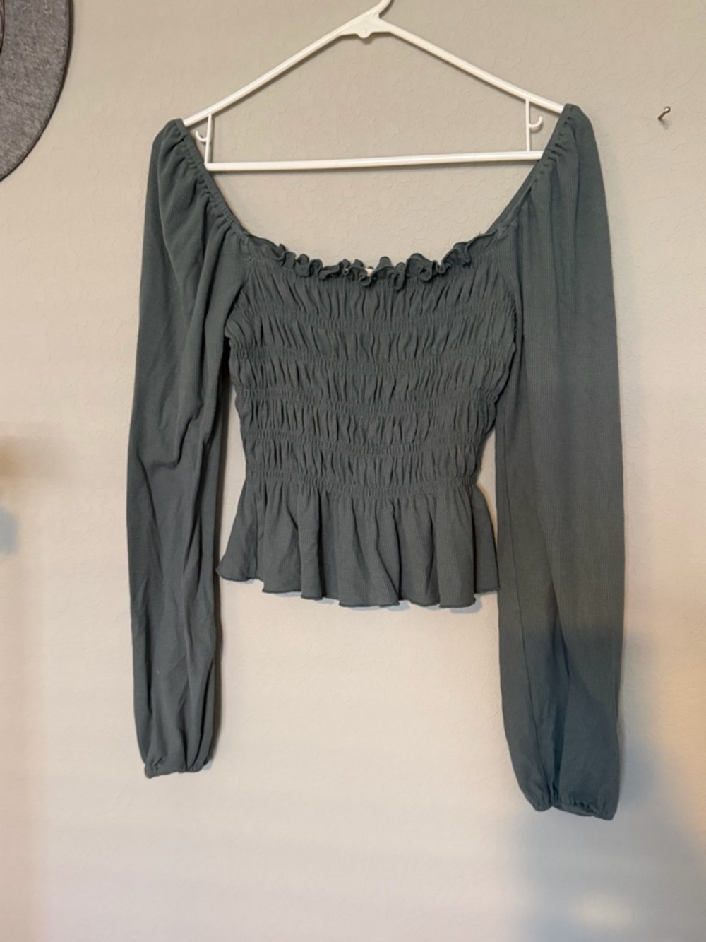 Altar'd State Slate Green Smocked Peplum Long-Sleeve Top